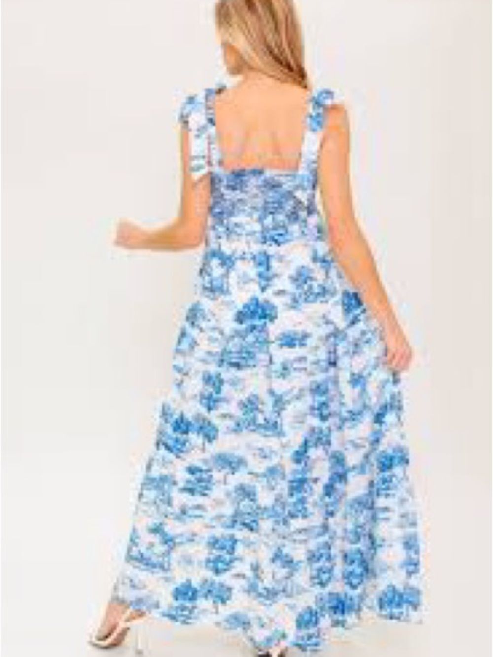 When in Rome Flying Tomato Blue and White Smocked Sundress with Tie Straps M - Picture 2 of 7